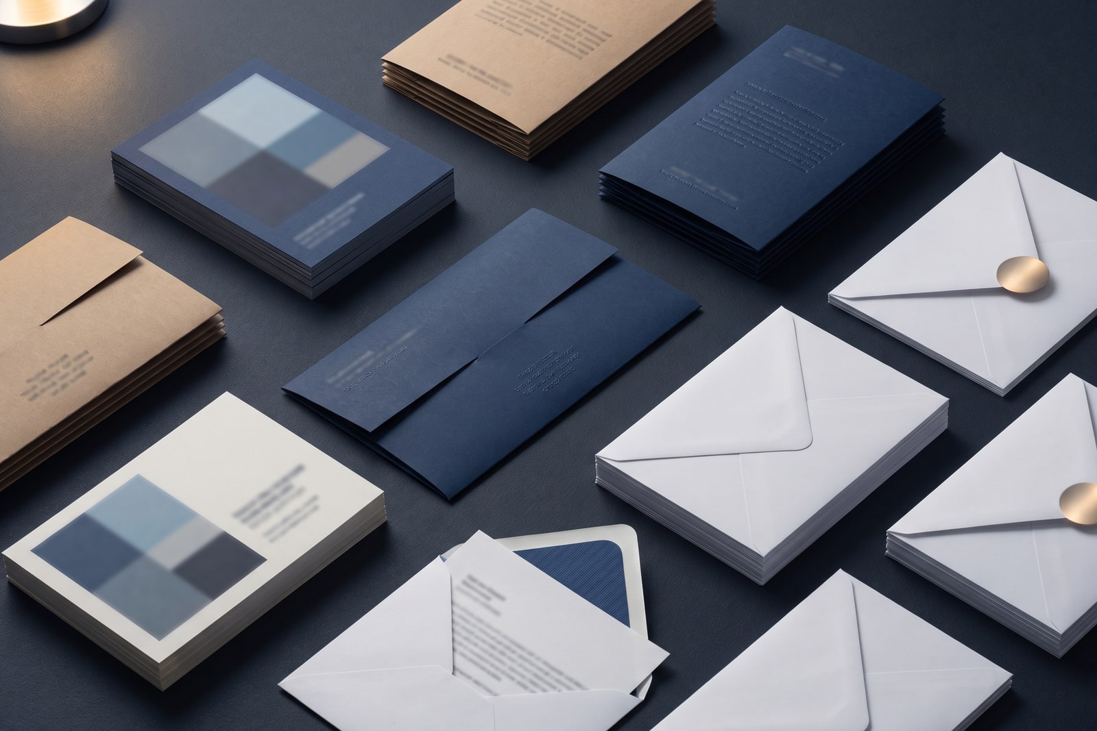 Premium direct mail formats — postcards, self-mailers, letter packs, and envelopes — arranged on a dark surface