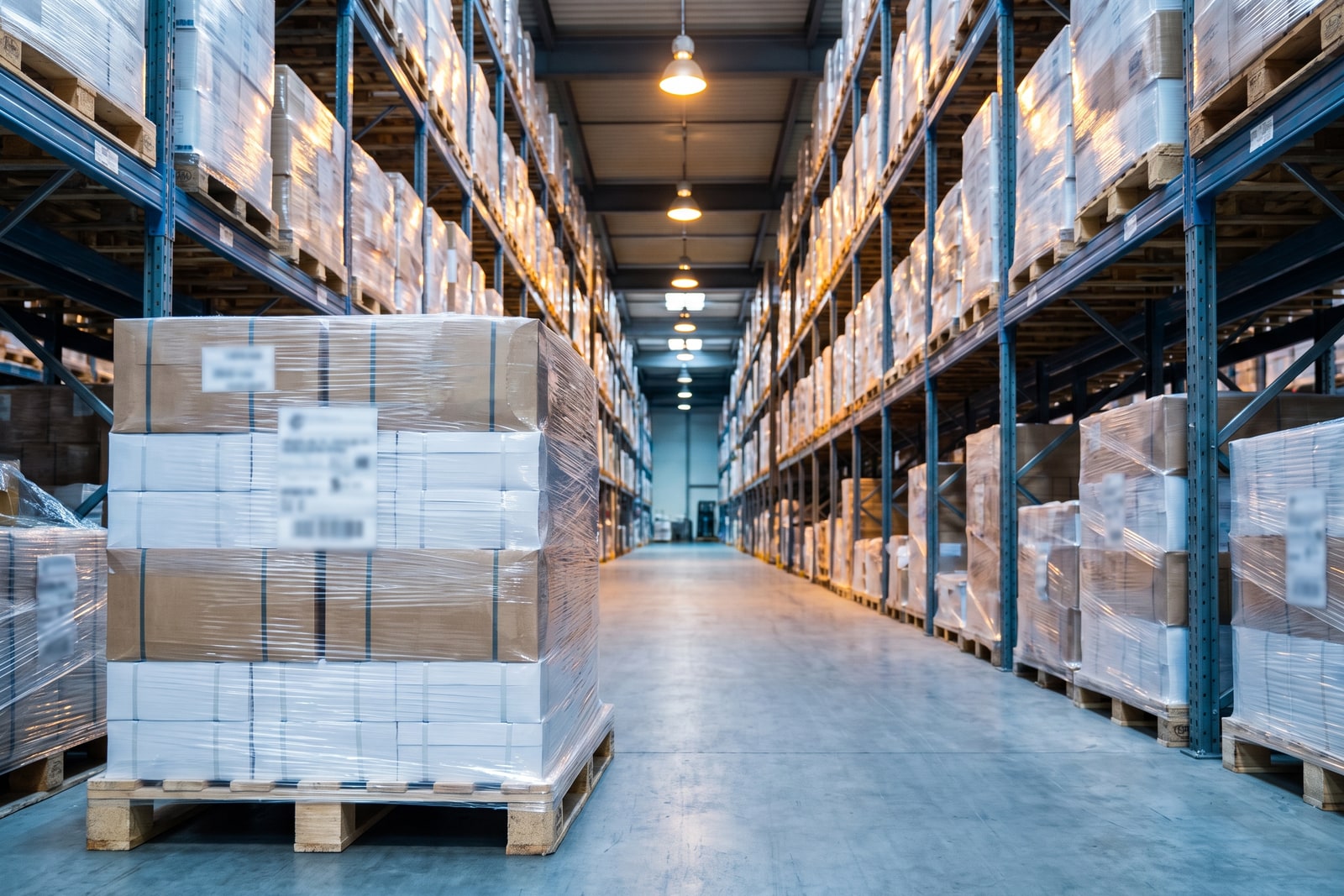 Pallets of shrink-wrapped printed mail bundles staged in a warehouse aisle
