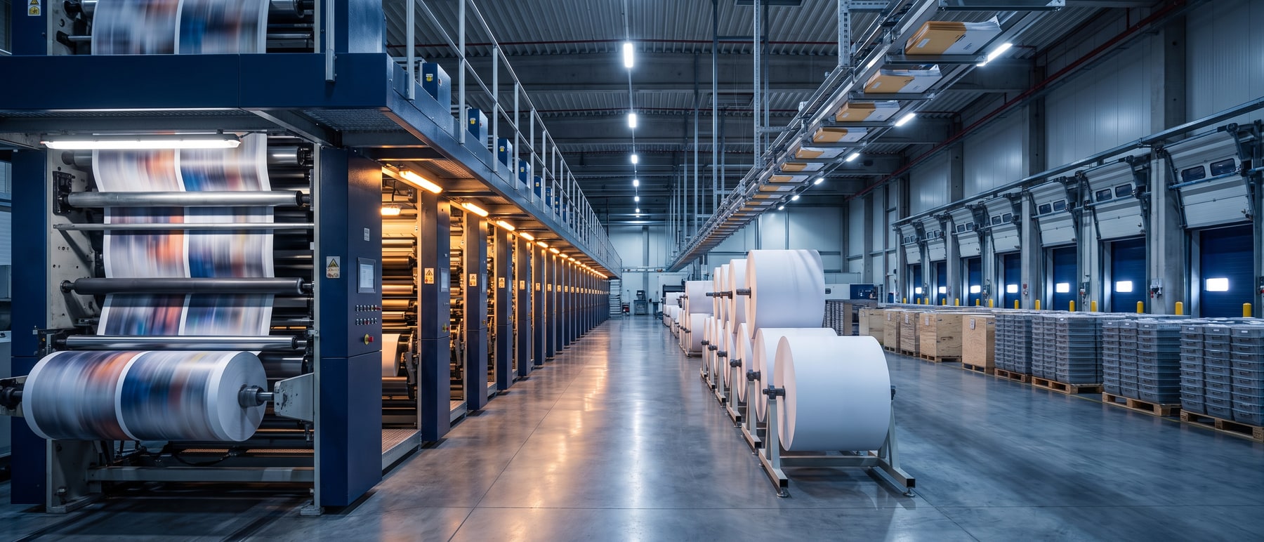 High-volume direct mail production floor with a web press line, staged paper rolls, and postal trays at the loading docks