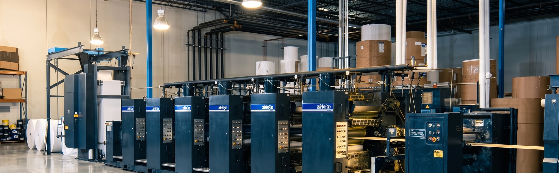 The Zirkon 6611 Mini-Web press on the DIS Direct production floor, with paper rolls staged behind it